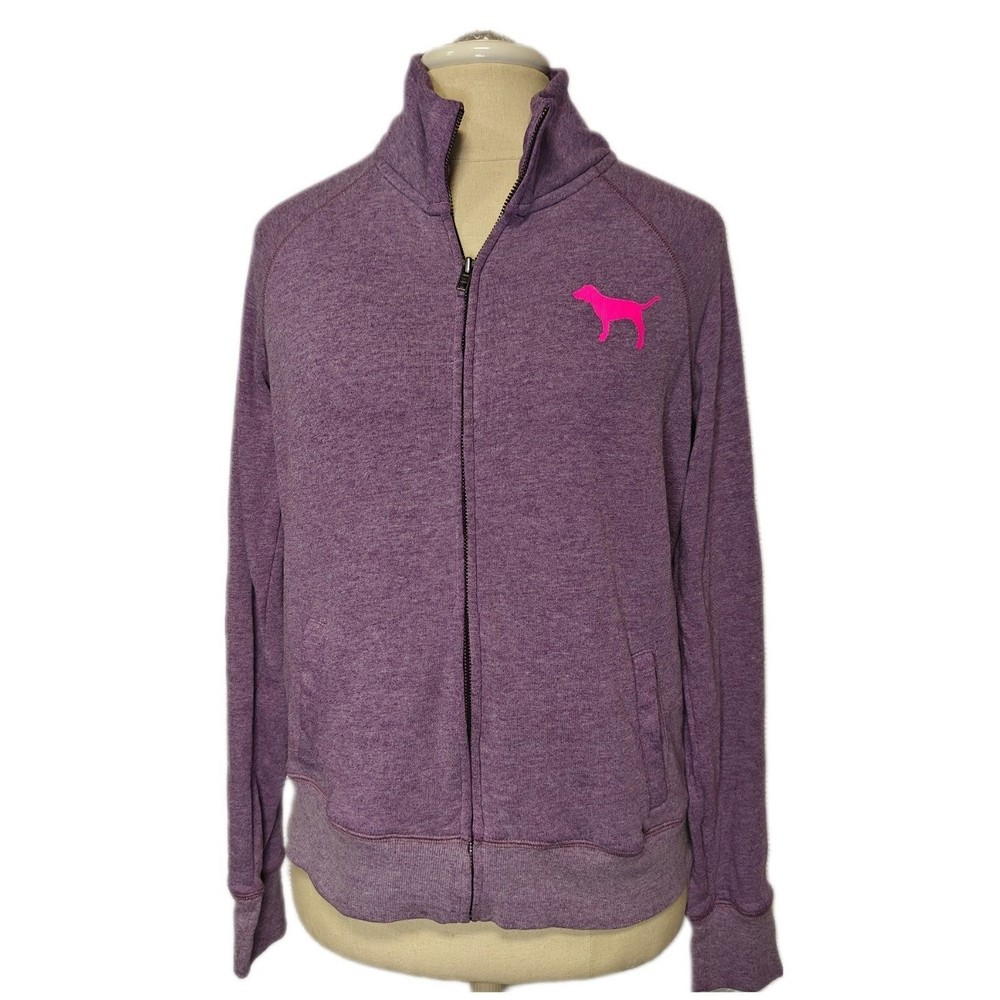 2012 VS PINK Zip Up Campus Sweatshirt Purple with Pink Dog Logo Love 1986 Small